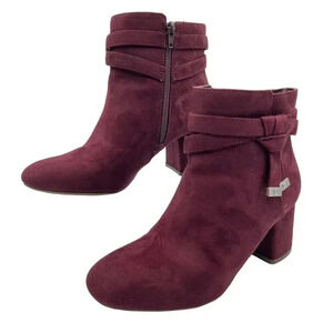Kelly & Katie Takiso 8W Bootie Burgundy Faux Suede Block Heel Tassel Knot Accent